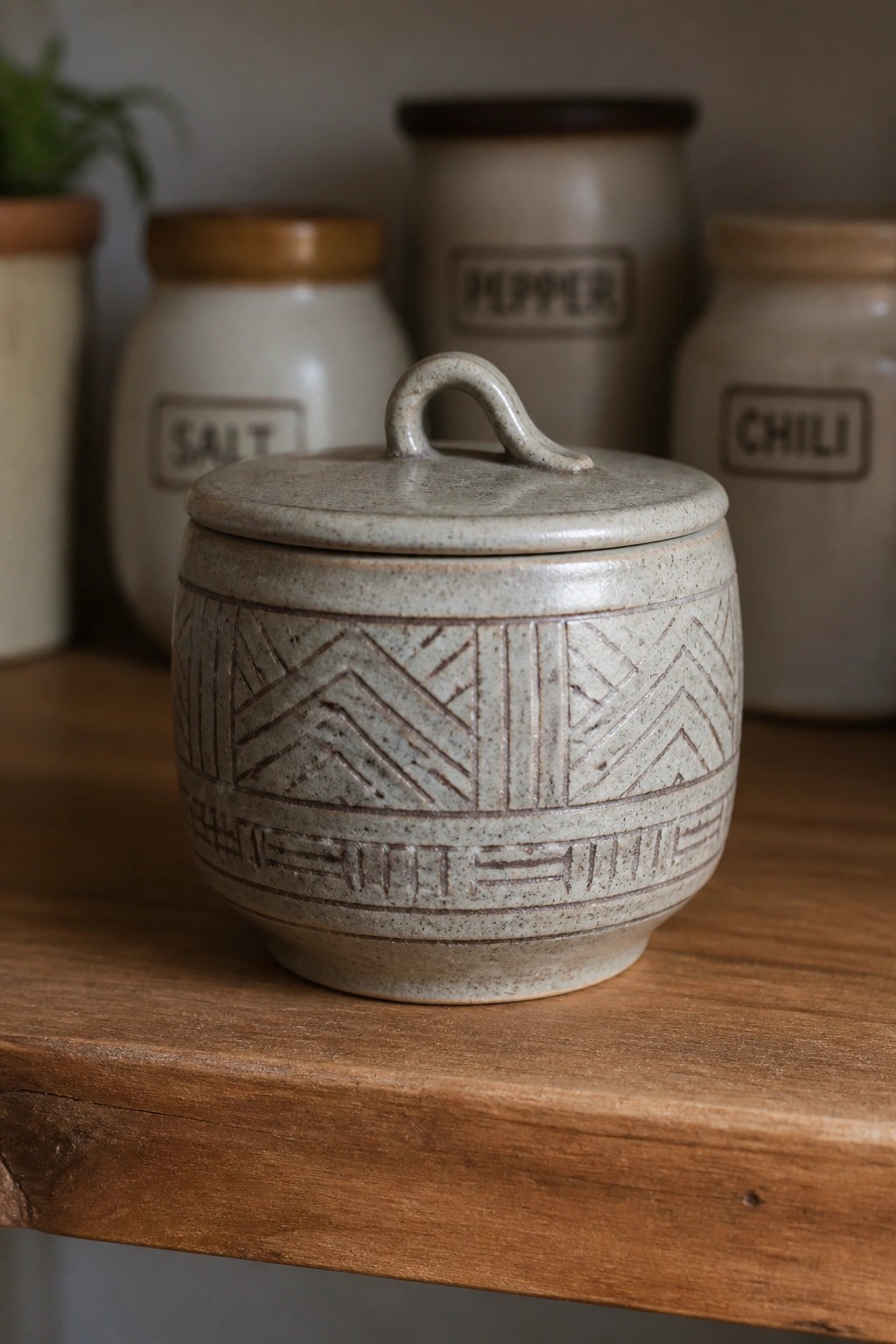 Ceramic lidded jar with geometric patterns on wooden shelf beside labeled spice jars