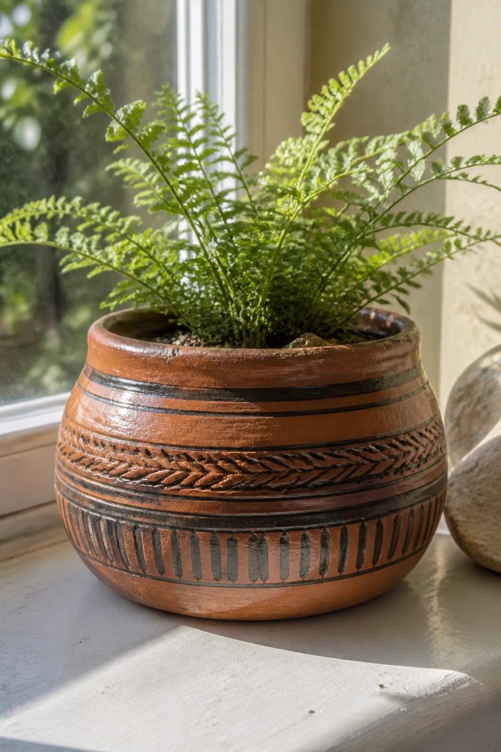 Decorated terracotta pot with black patterns holding a green fern on a windowsill