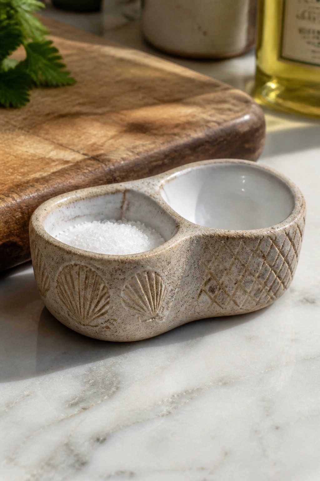 Ceramic two-section bowl with shell patterns holding salt on marble surface