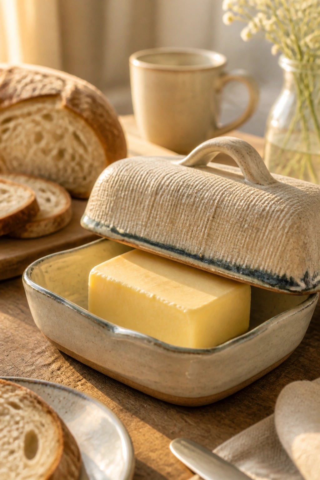 Ceramic butter dish with lid open showing yellow butter beside sliced bread on wood.