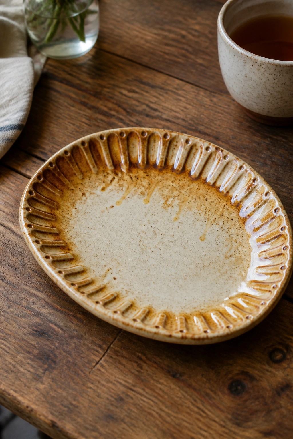 A round ceramic plate with a ridged and dotted rim rests on a wooden table next to a cup.