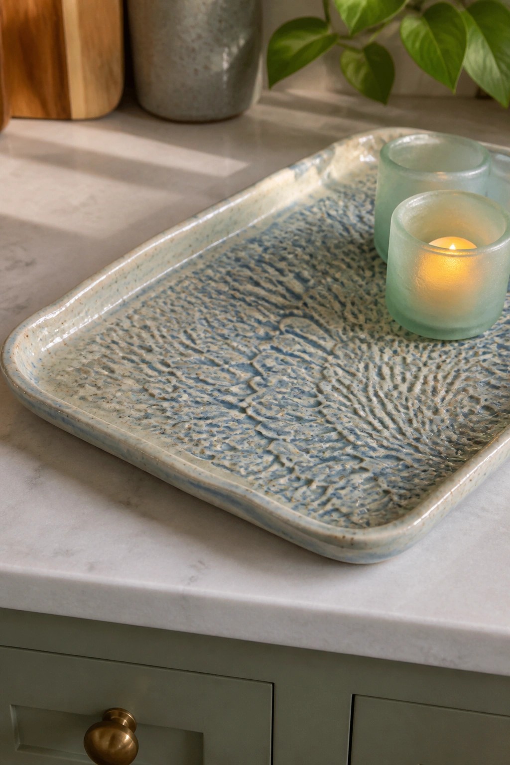Blue textured ceramic tray with lit candle in frosted glass on marble counter
