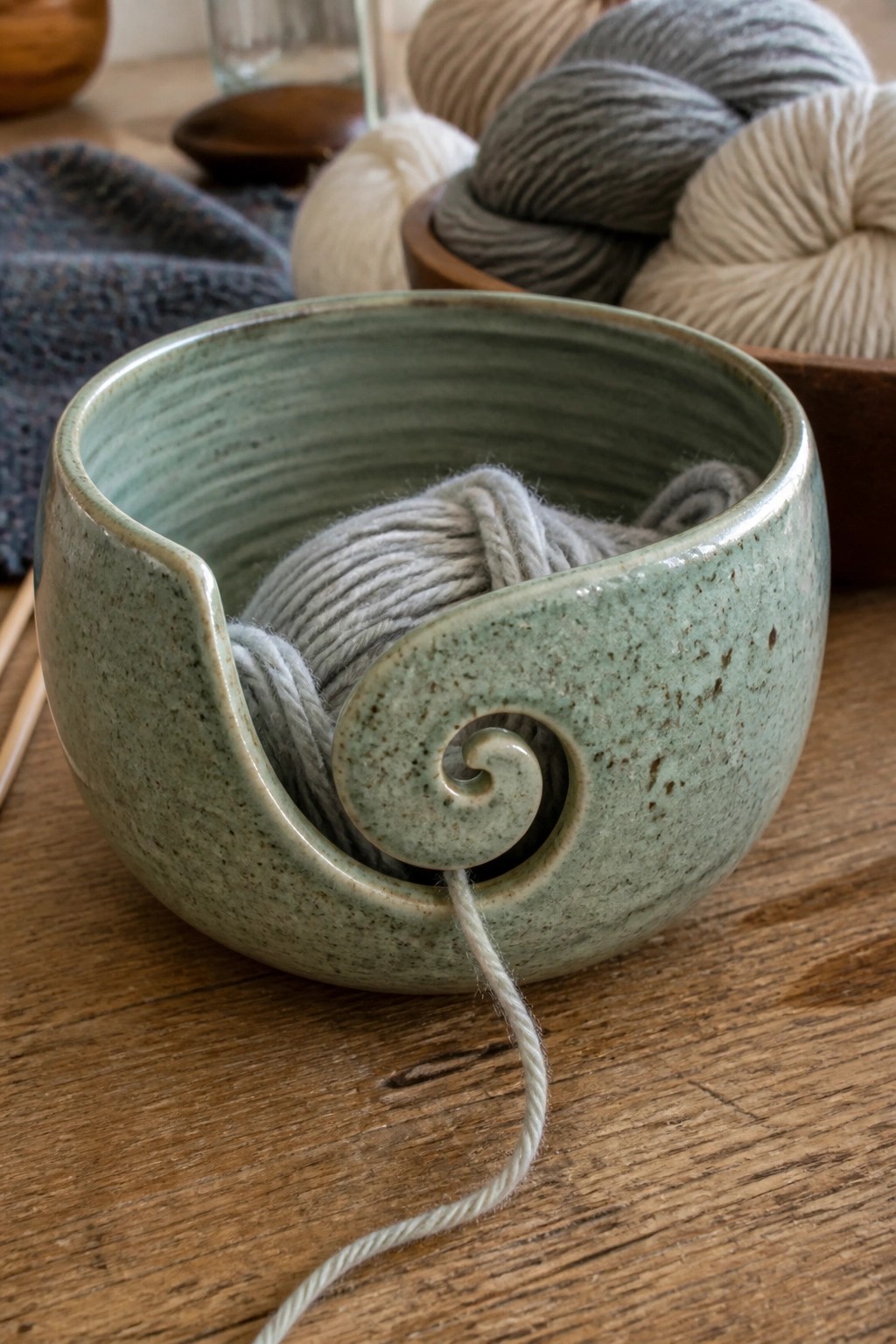Green ceramic yarn bowl with spiral cutout holding gray yarn on wood table