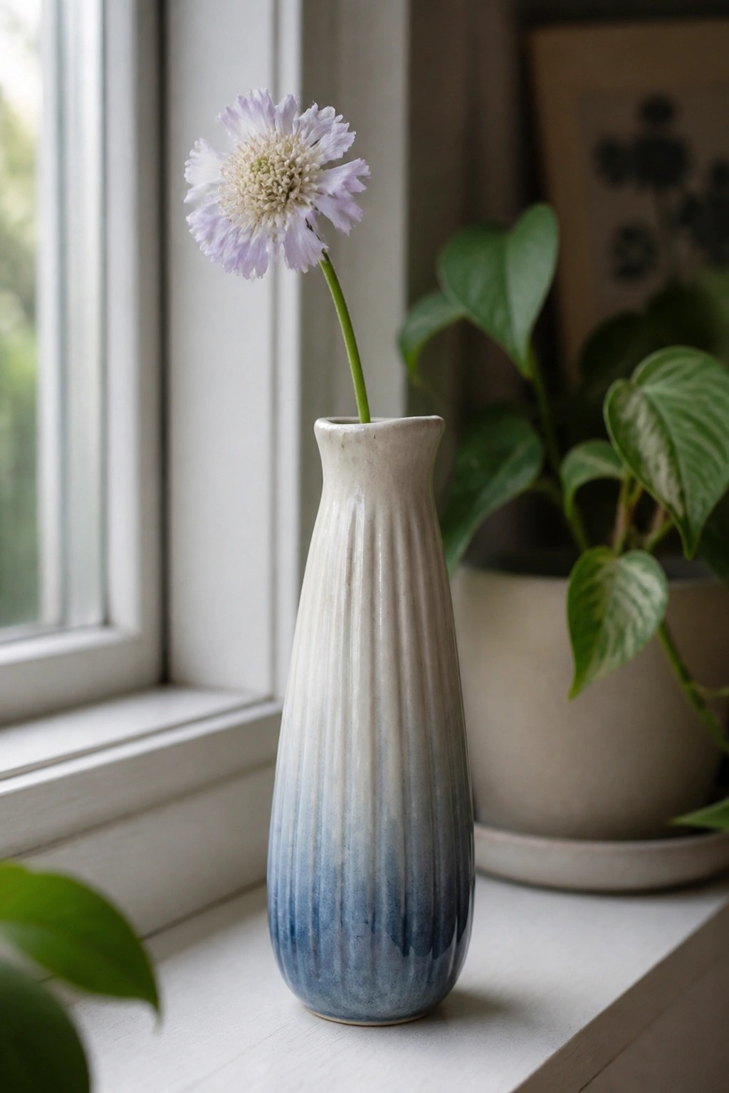 Blue and white ribbed ceramic vase with purple flower on windowsill