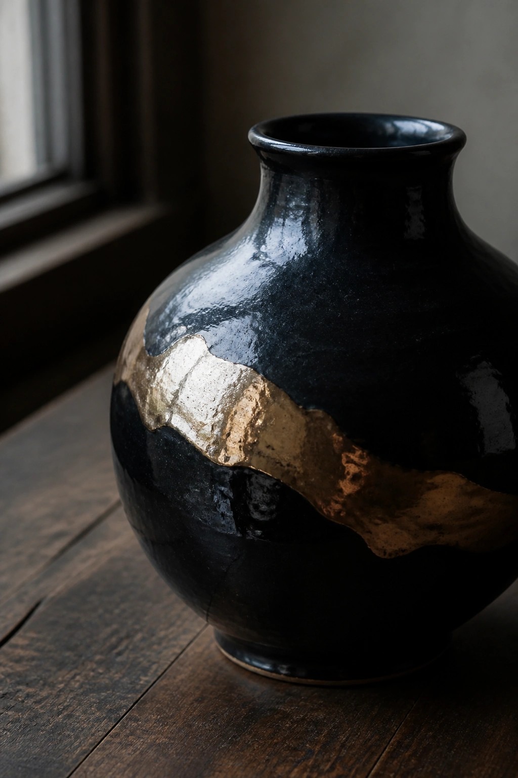 Black ceramic vase with irregular gold metallic band on dark wooden table