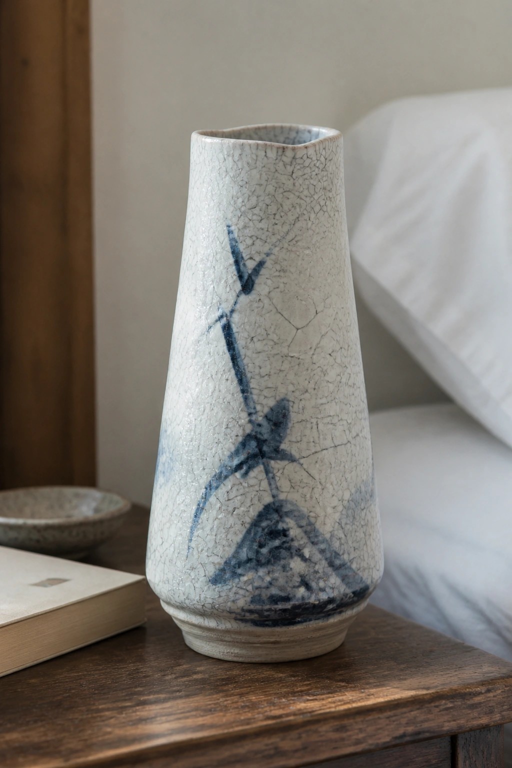 Tall crackled white ceramic vase with blue brushstroke design on wooden table