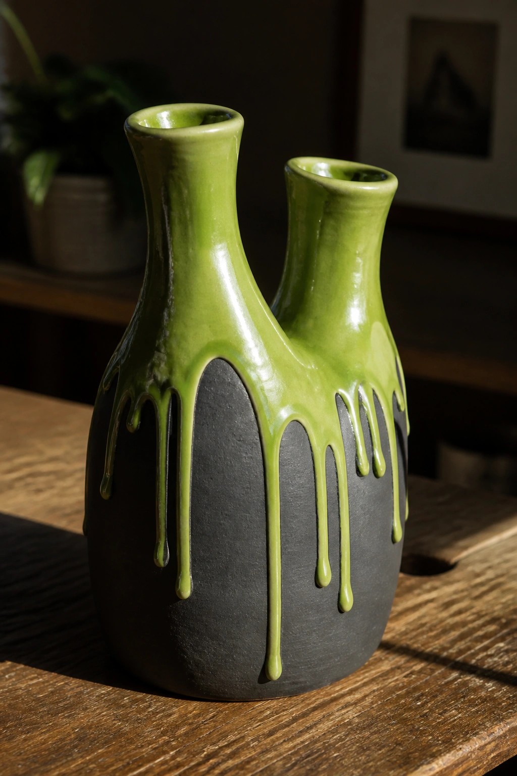 Double-necked green ceramic vase with dripping glaze over dark body on wood.