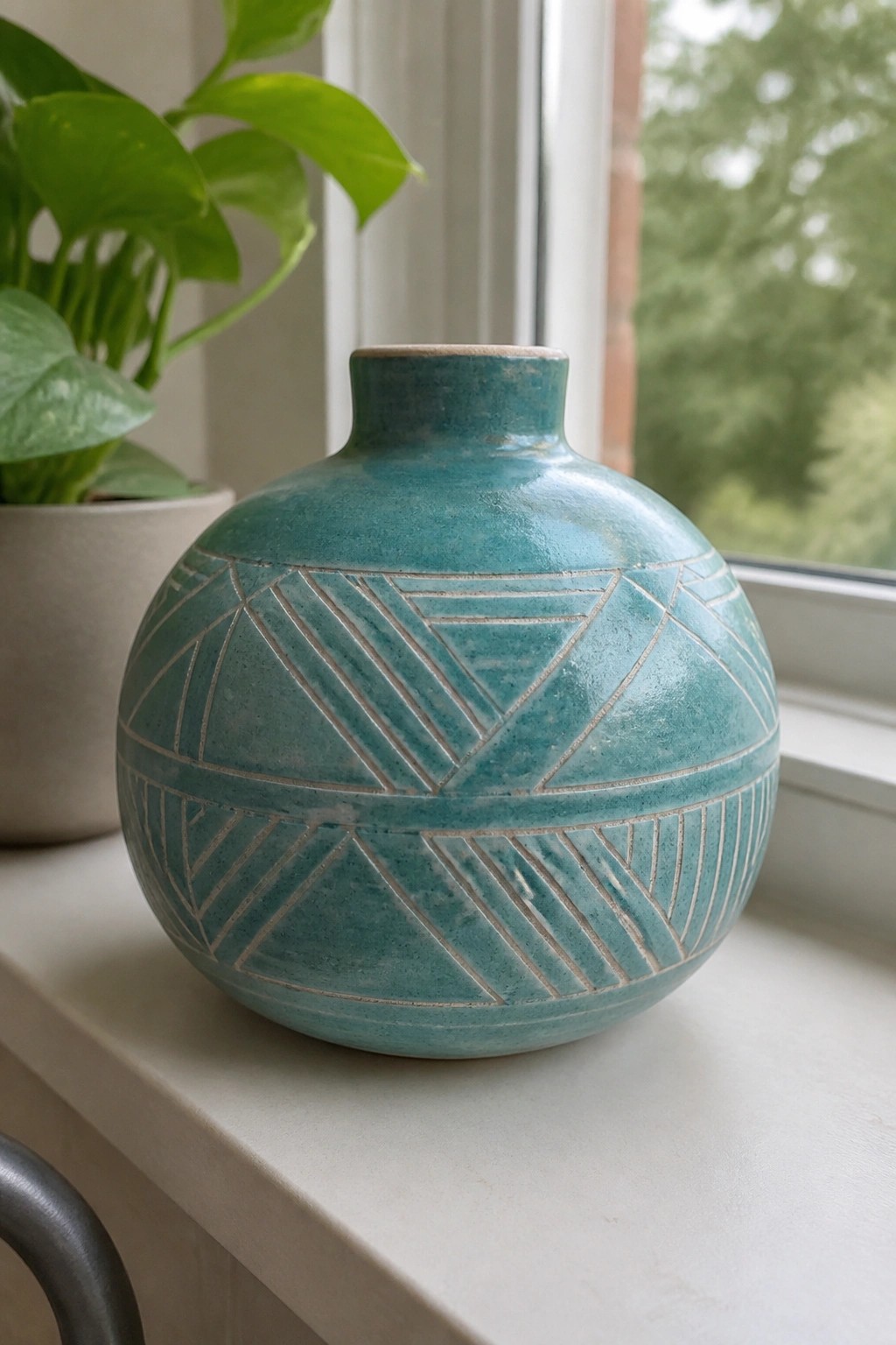 Turquoise ceramic vase with etched geometric patterns on a windowsill beside a green plant
