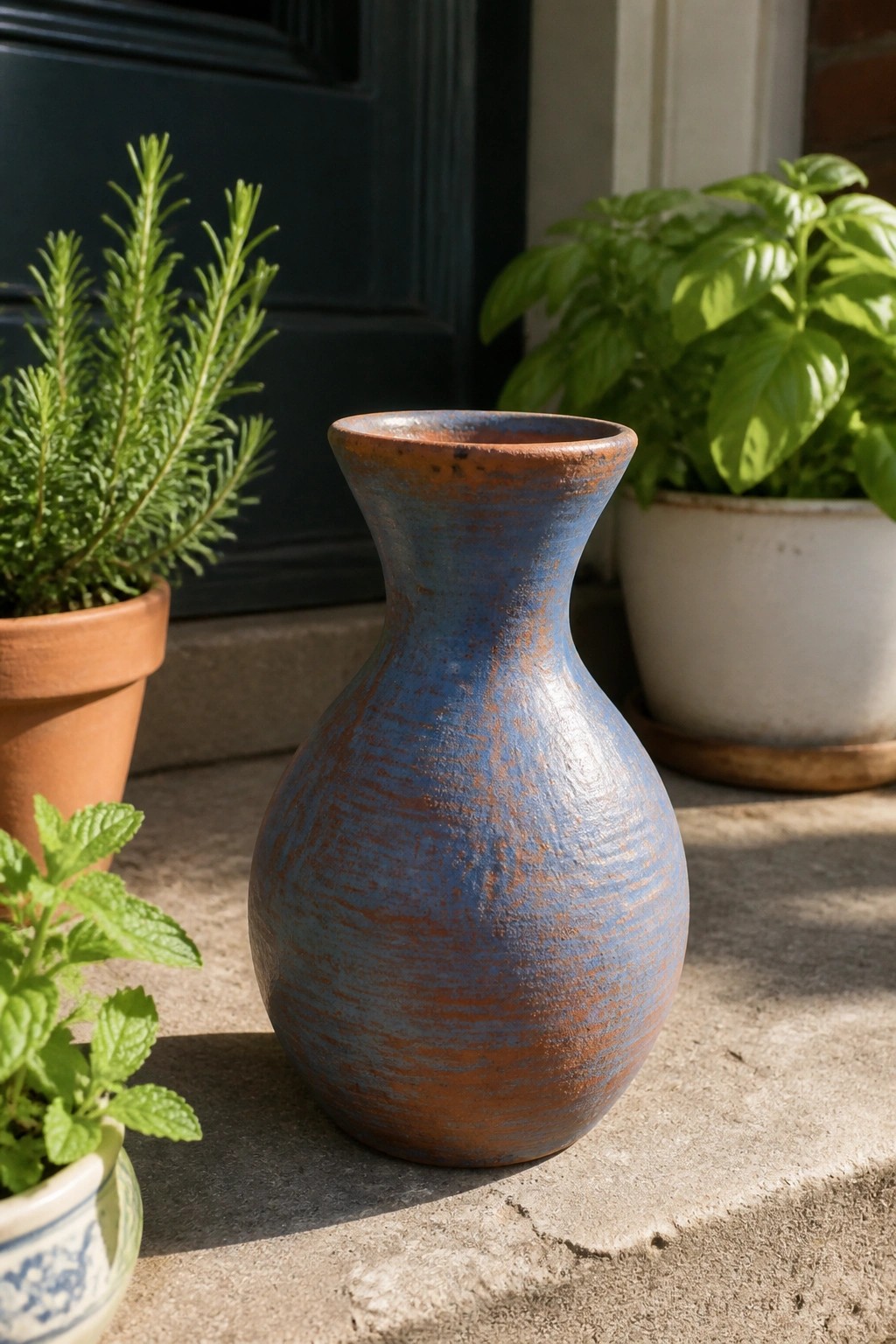 Rustic blue-orange ceramic vase on steps amid potted rosemary, basil, and mint