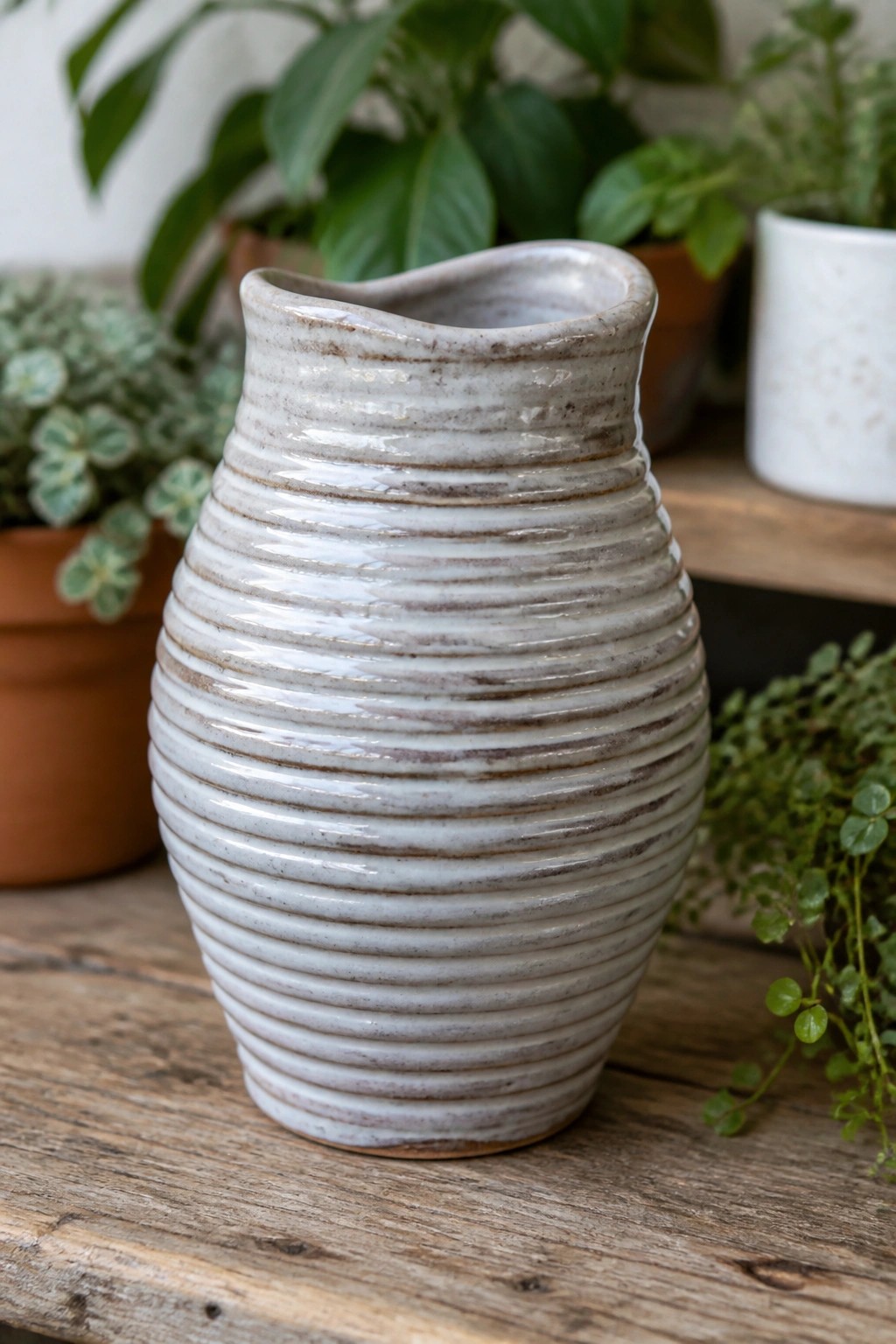 Ribbed ceramic pitcher with white glaze and brown accents on wooden table amid plants.