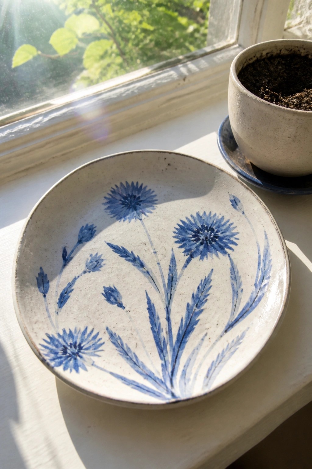 Blue floral ceramic bowl on sunlit windowsill beside potted plant with soil