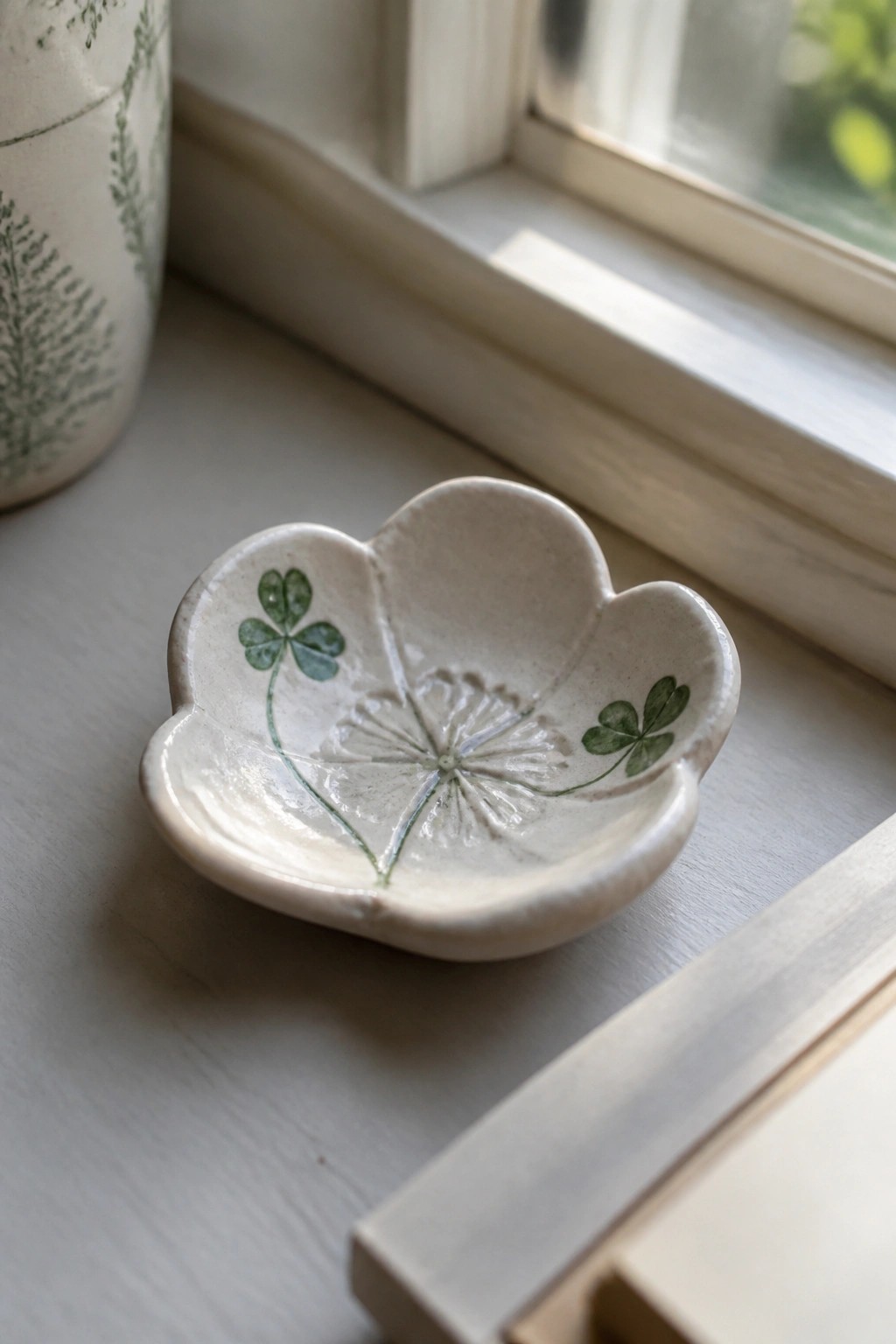 Small white ceramic clover dish with green four-leaf clovers on windowsill.