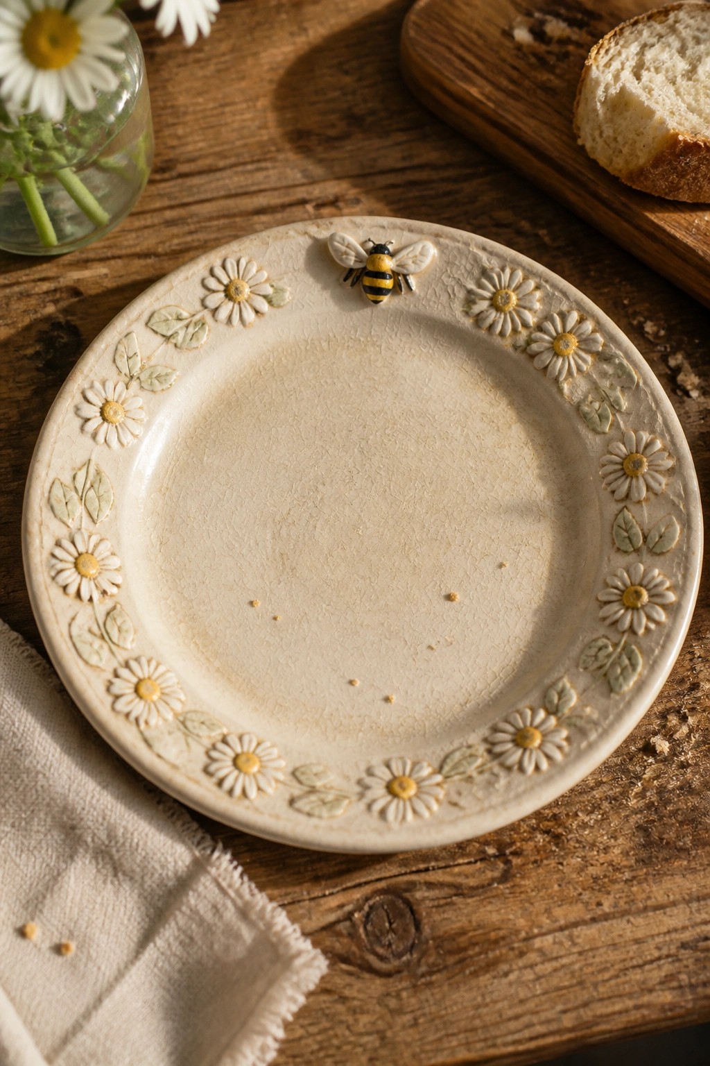 Beige ceramic plate with daisy and bee decorations on wooden table