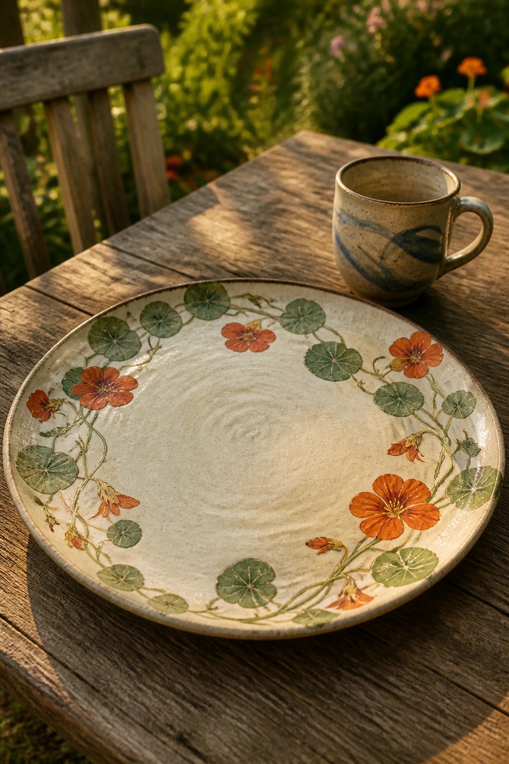 Ceramic plate with orange flowers and green leaves beside mug on wooden table