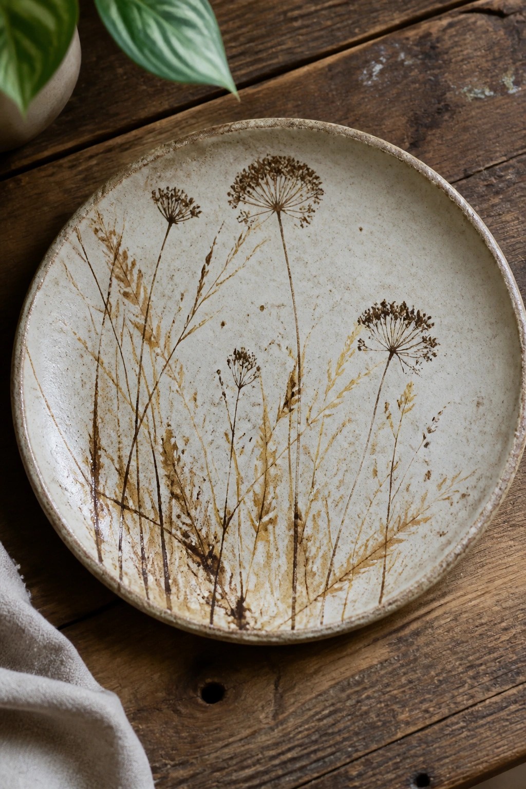 Ceramic plate with brown botanical grass and seed head prints on wood