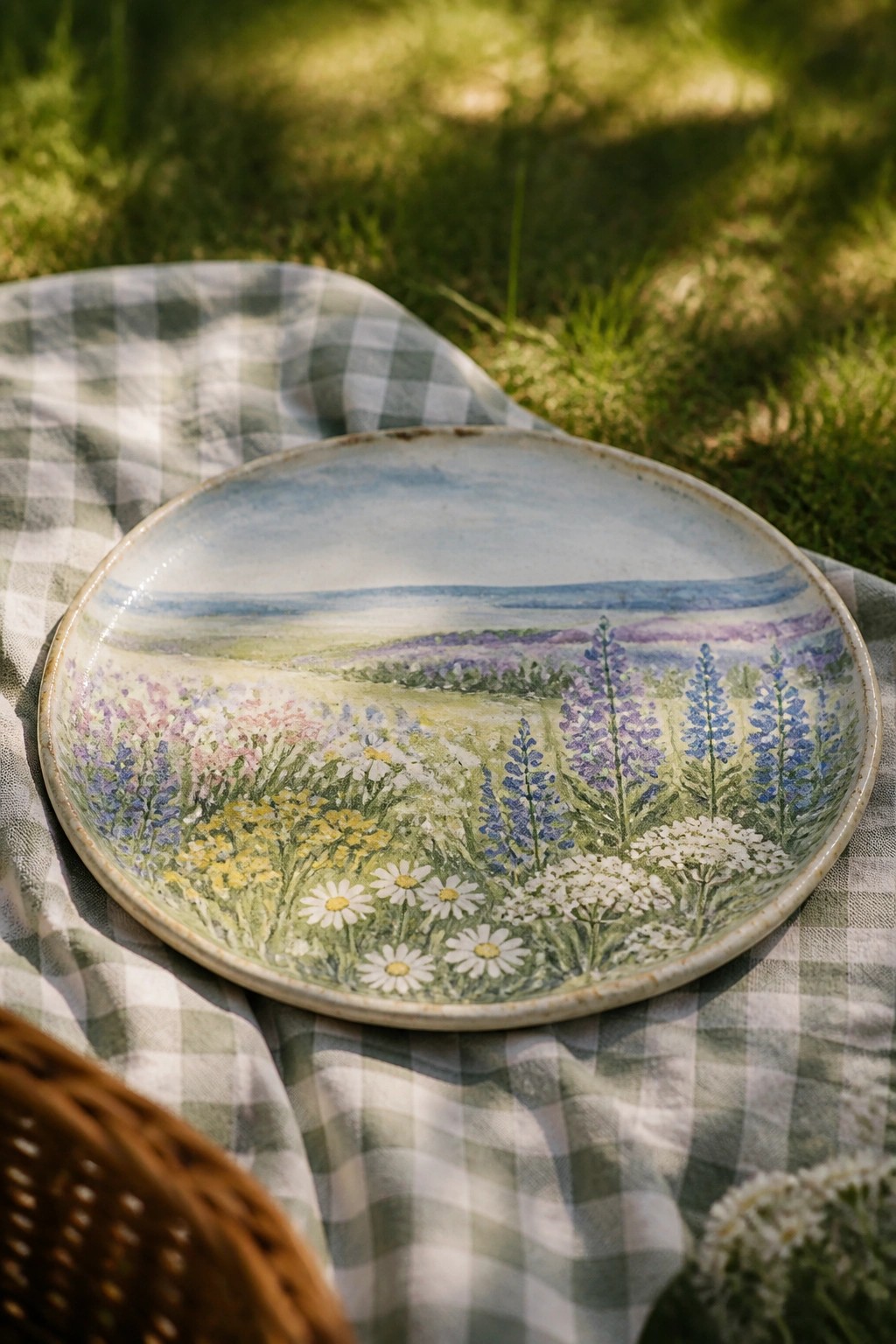 Ceramic plate with wildflower meadow on green checkered picnic blanket in grass