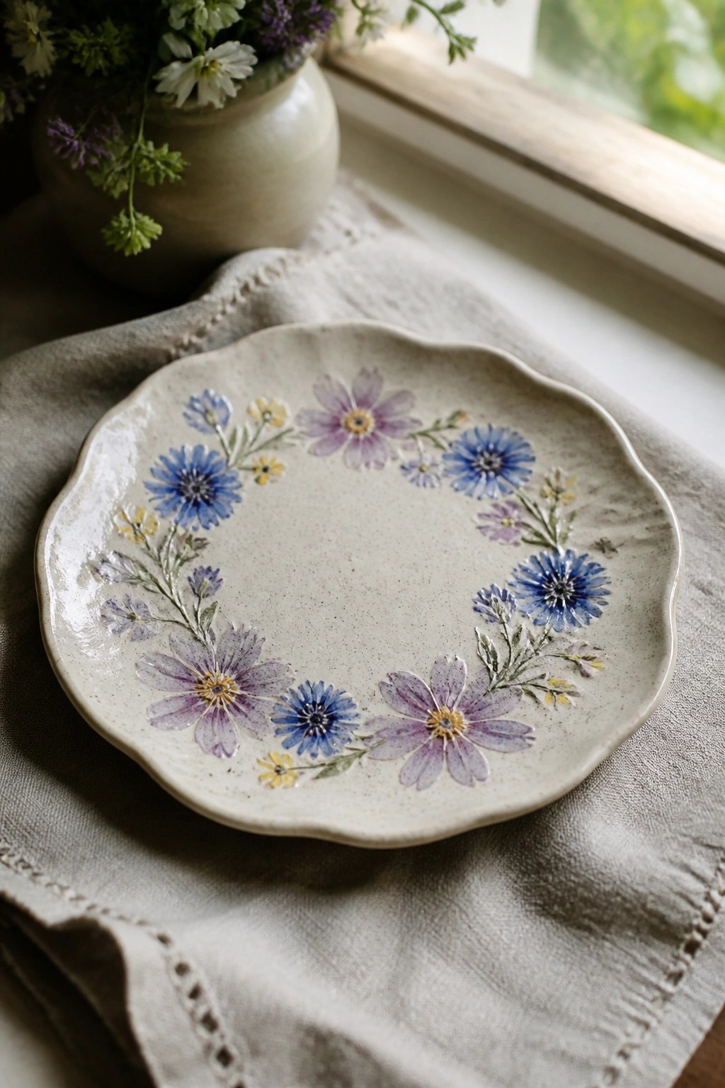 Ceramic plate with blue and purple wildflowers on beige linen cloth.