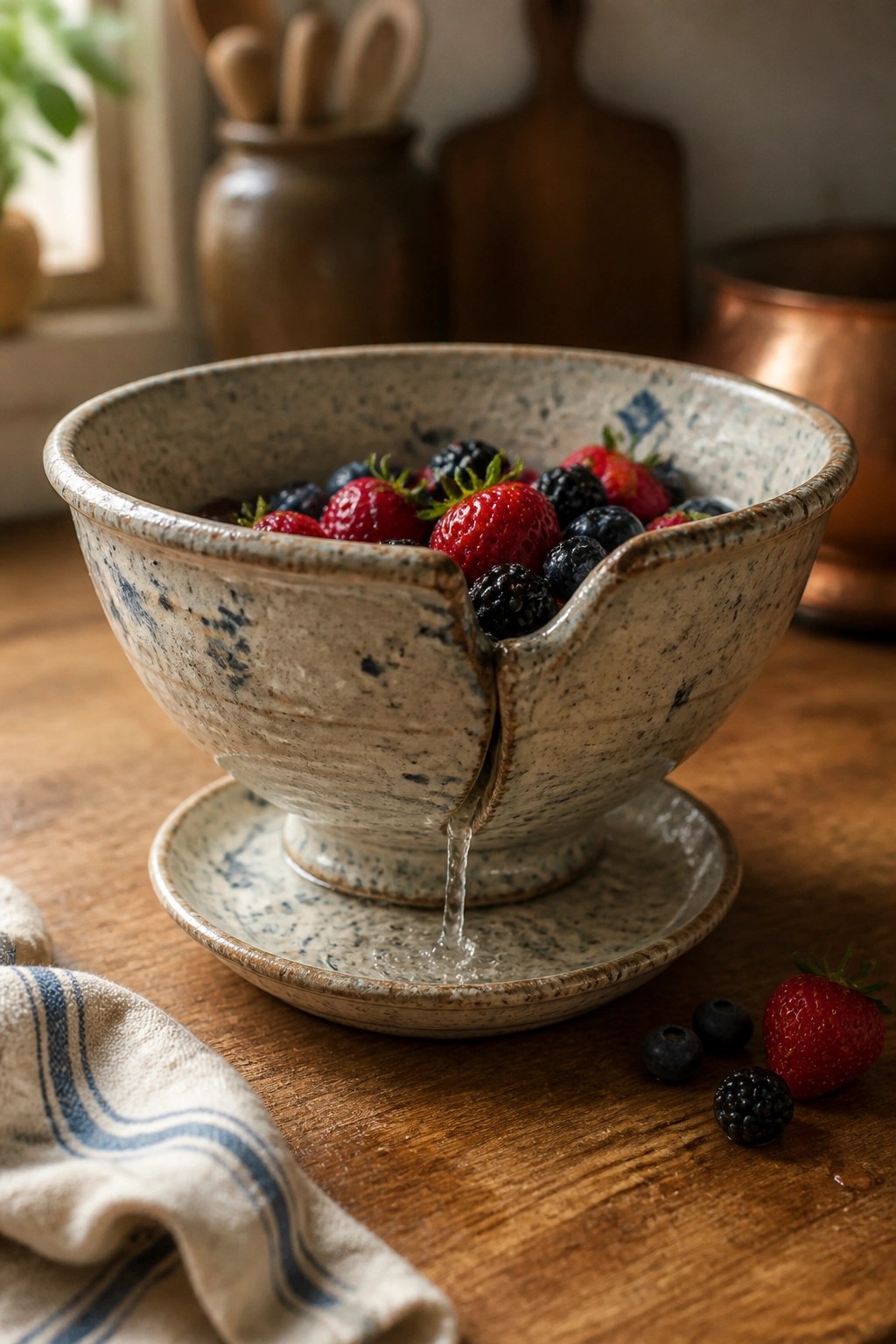 Cracked speckled ceramic bowl of mixed berries leaking water onto saucer on wood table