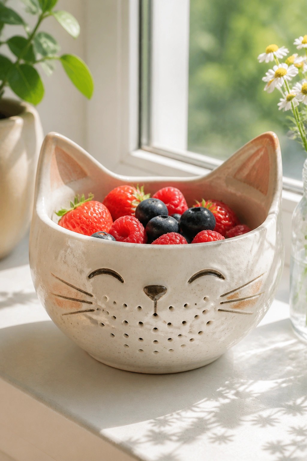 Cat-shaped ceramic bowl brimming with strawberries, raspberries, and blueberries on sunny windowsill