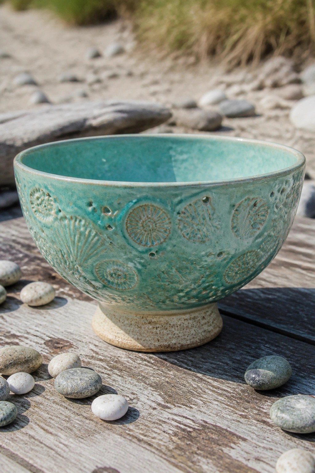 Turquoise ceramic bowl with shell patterns on wood amid pebbles, beach background.