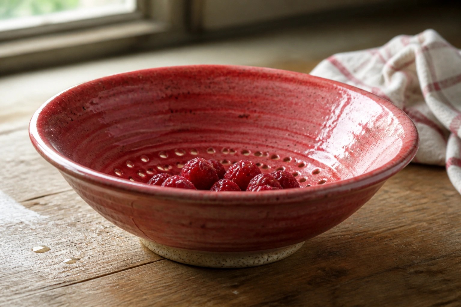 Red ceramic colander bowl of raspberries on rustic wooden table with cloth