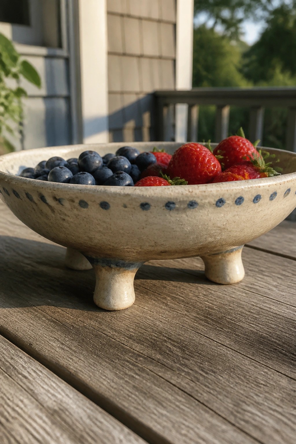 Footed ceramic bowl with blue speckles filled with strawberries and blueberries on wood