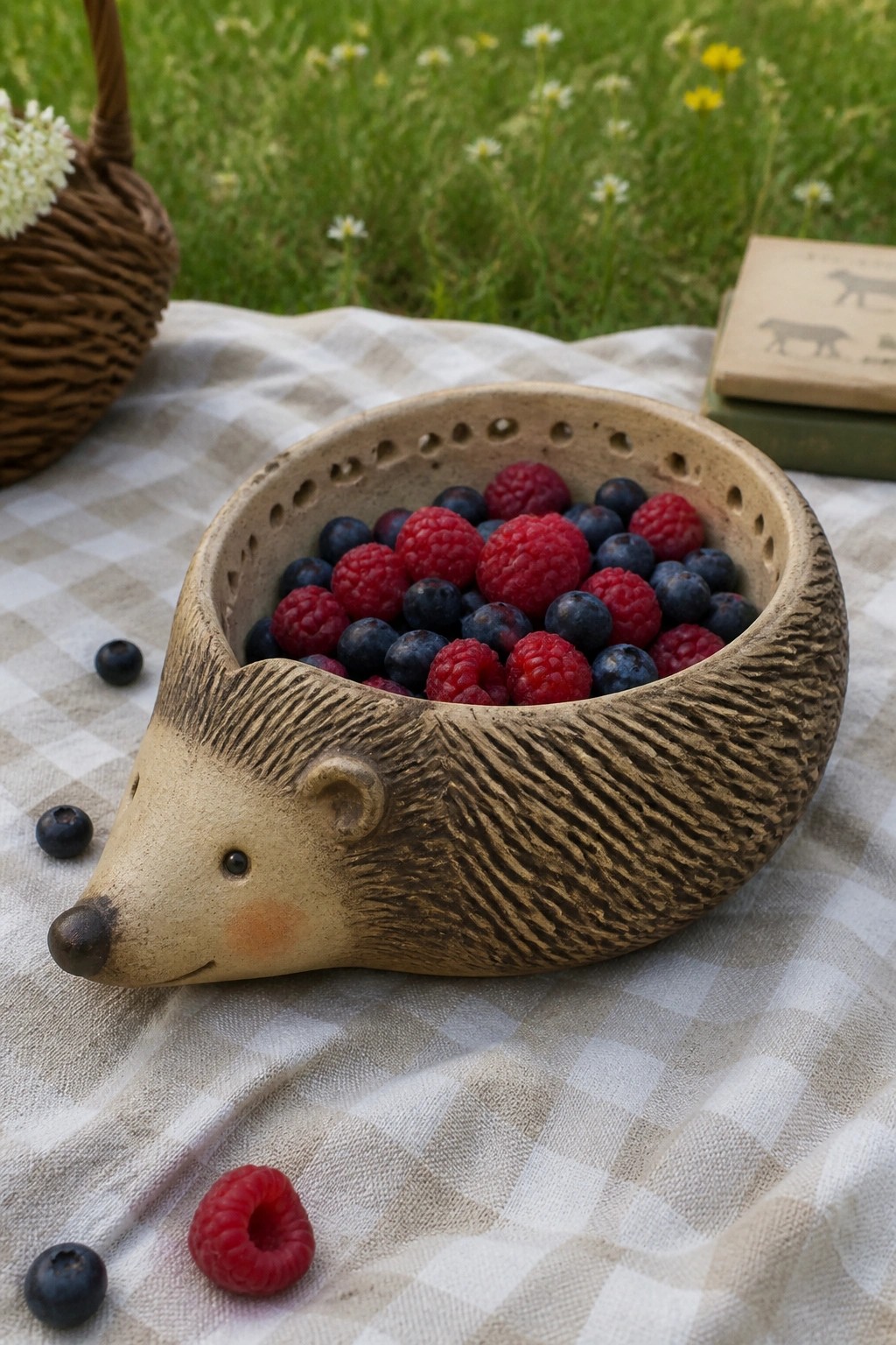 Ceramic hedgehog bowl brimming with raspberries and blueberries on checkered picnic blanket