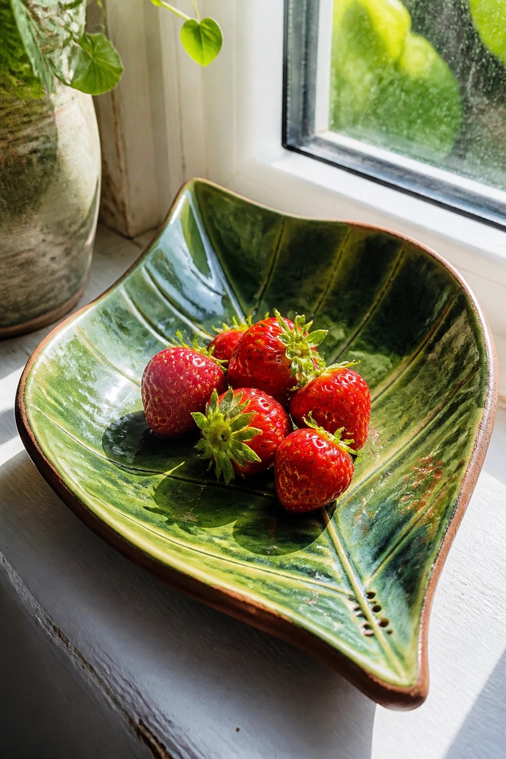 Green leaf-shaped ceramic bowl holding fresh red strawberries on sunny windowsill