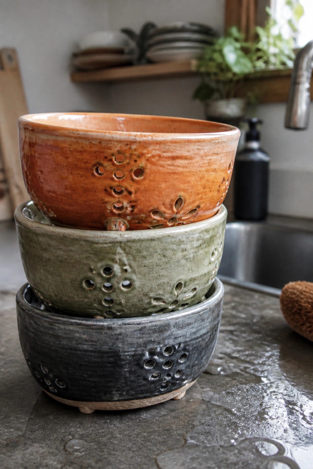 Three stacked orange, green, and gray ceramic bowls with holes on wet counter