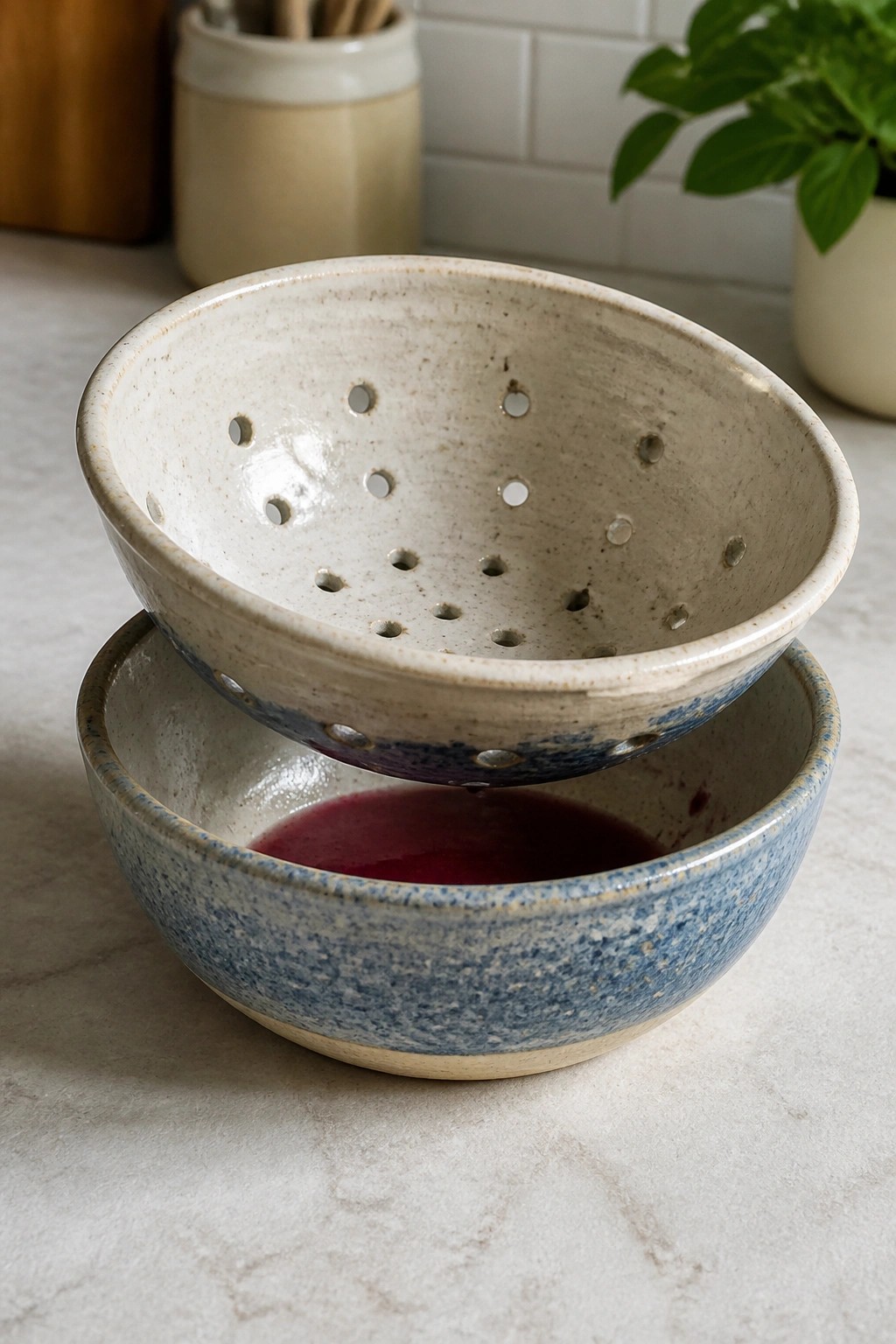 Ceramic colander stacked in blue speckled bowl holding red liquid on marble counter