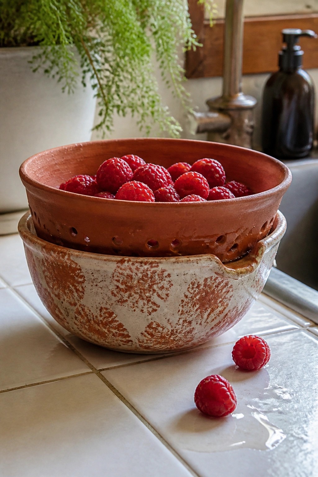 Raspberries in a terracotta colander nested inside a speckled ceramic bowl on tiles