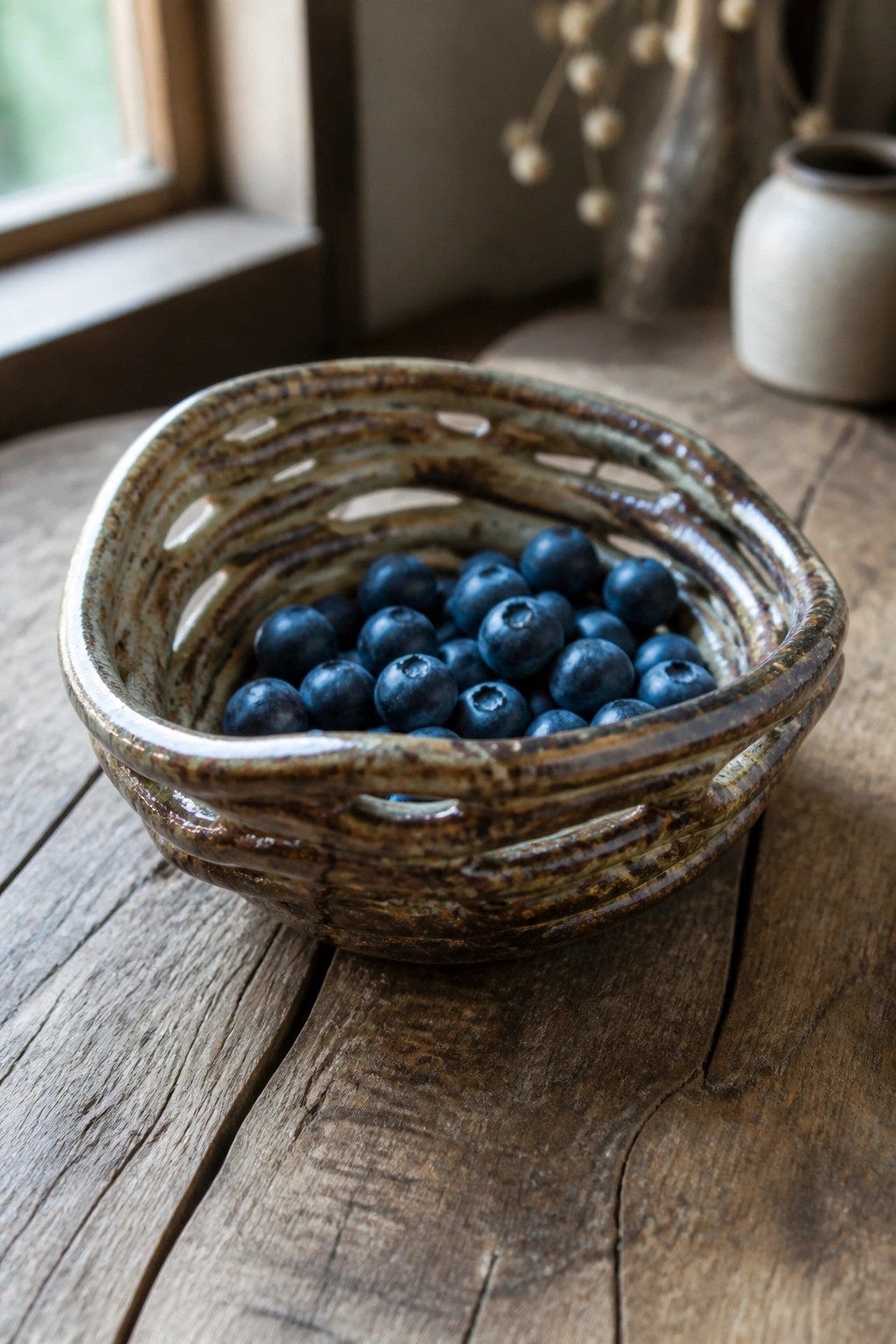 Blueberries fill a rustic brown glazed ceramic bowl with slits on wood.