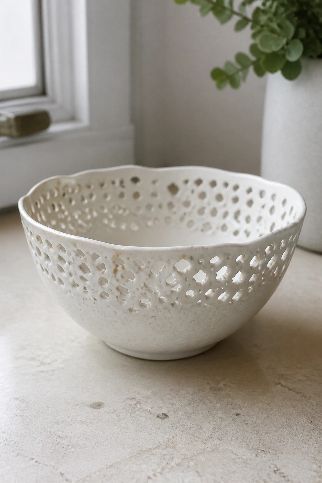White ceramic bowl with intricate perforations on light countertop near window and plant
