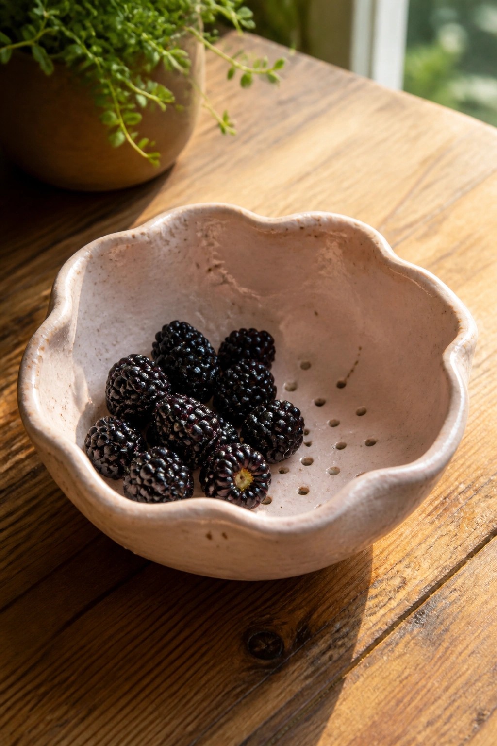 A light pink ceramic bowl with scalloped edges and drainage holes holds several blackberries on a wooden surface.