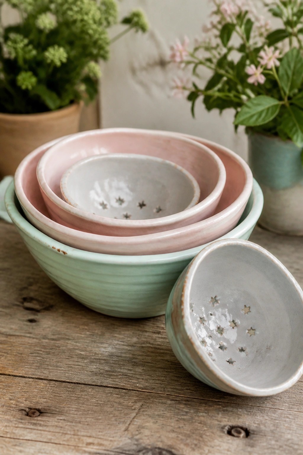 Stacked pastel pink, mint, and gray ceramic bowls with star perforations on wood.