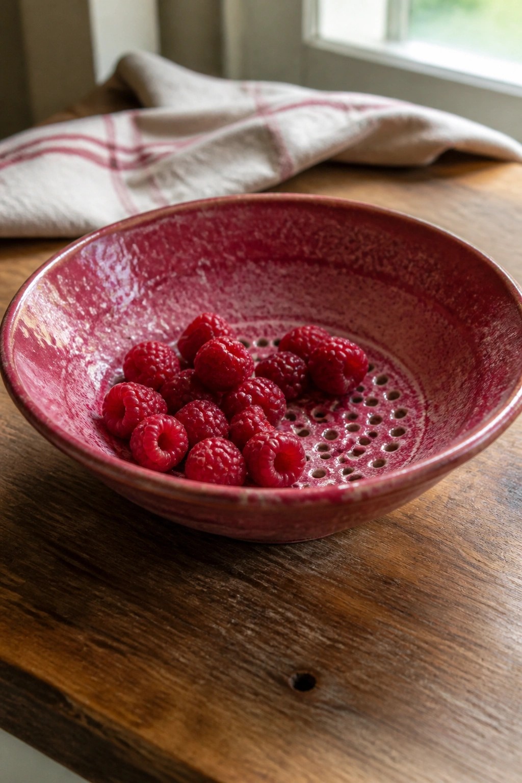 Red ceramic colander bowl of raspberries on rustic wooden table with cloth