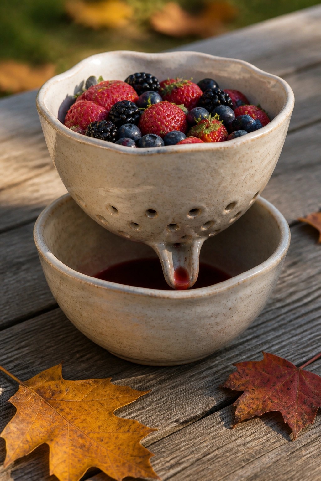Ceramic colander of mixed berries draining juice into bowl on wooden table with autumn leaves