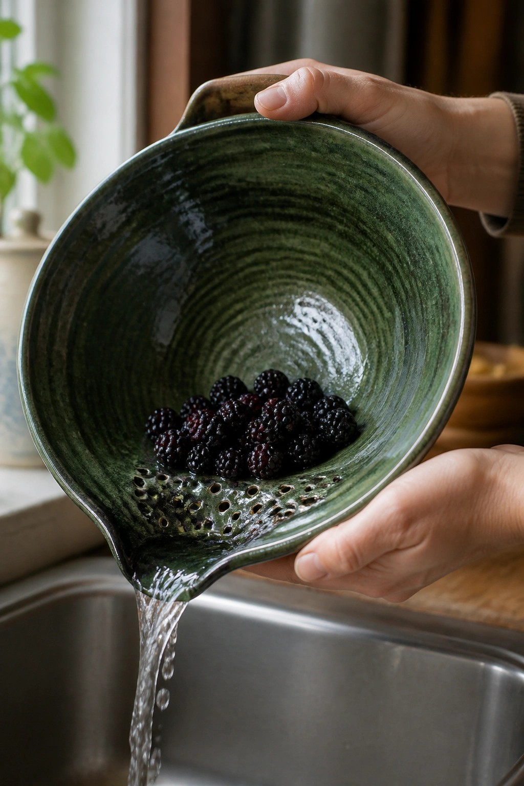 Hands rinsing blackberries in a green ceramic strainer bowl over a sink.