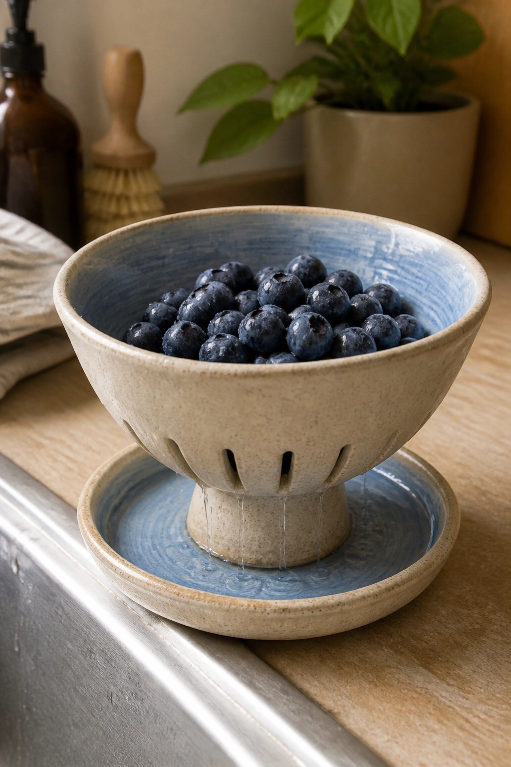 Blue ceramic colander bowl of blueberries draining water into matching saucer on wood counter