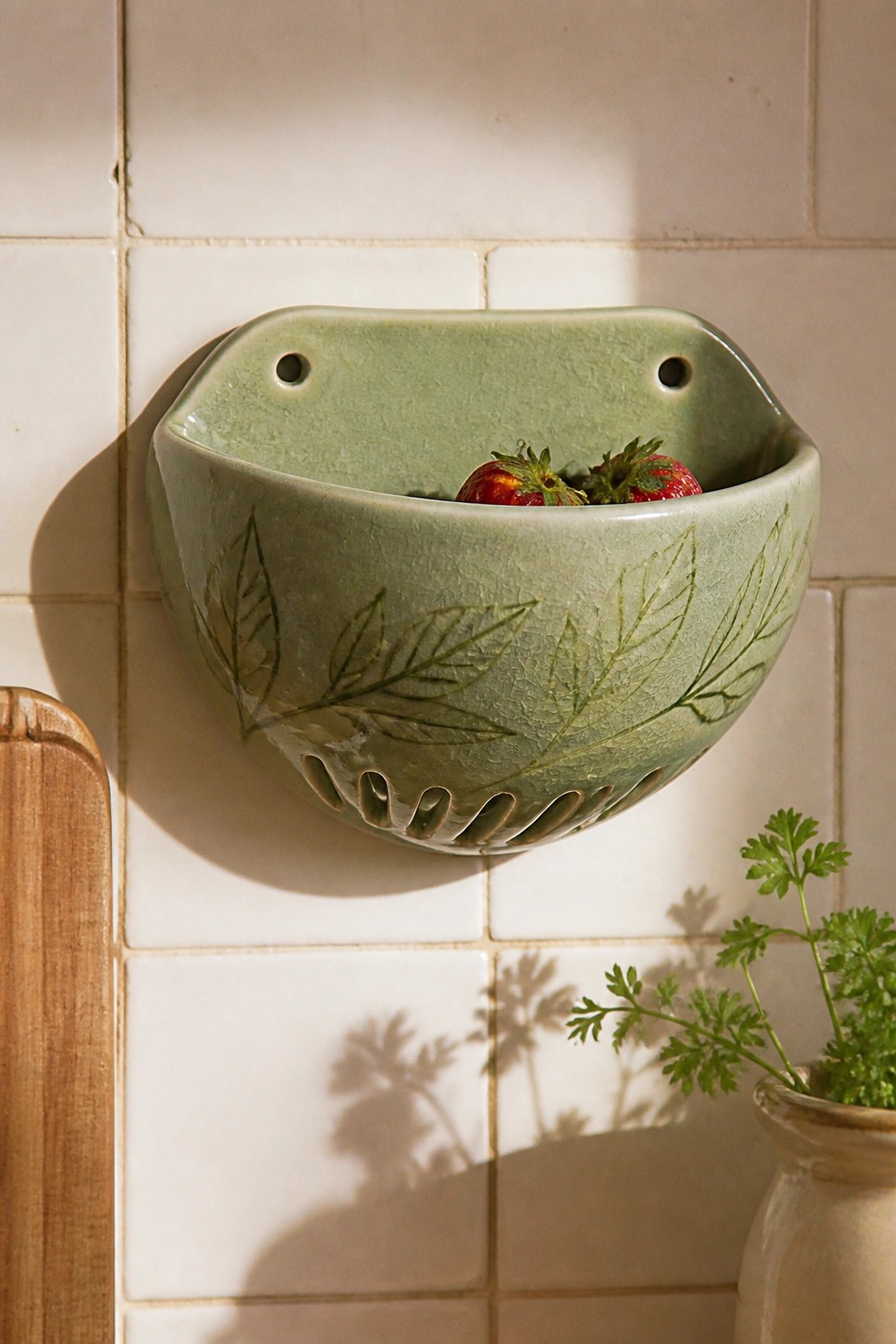 Green ceramic bowl with leaf designs holding strawberries on white tiled wall