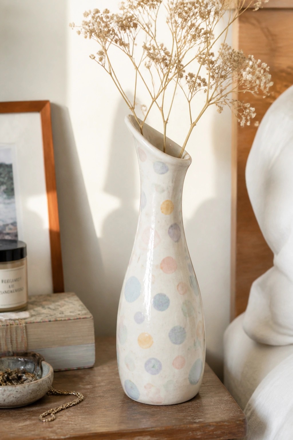 White ceramic vase with pastel polka dots holding dried flowers on wooden table