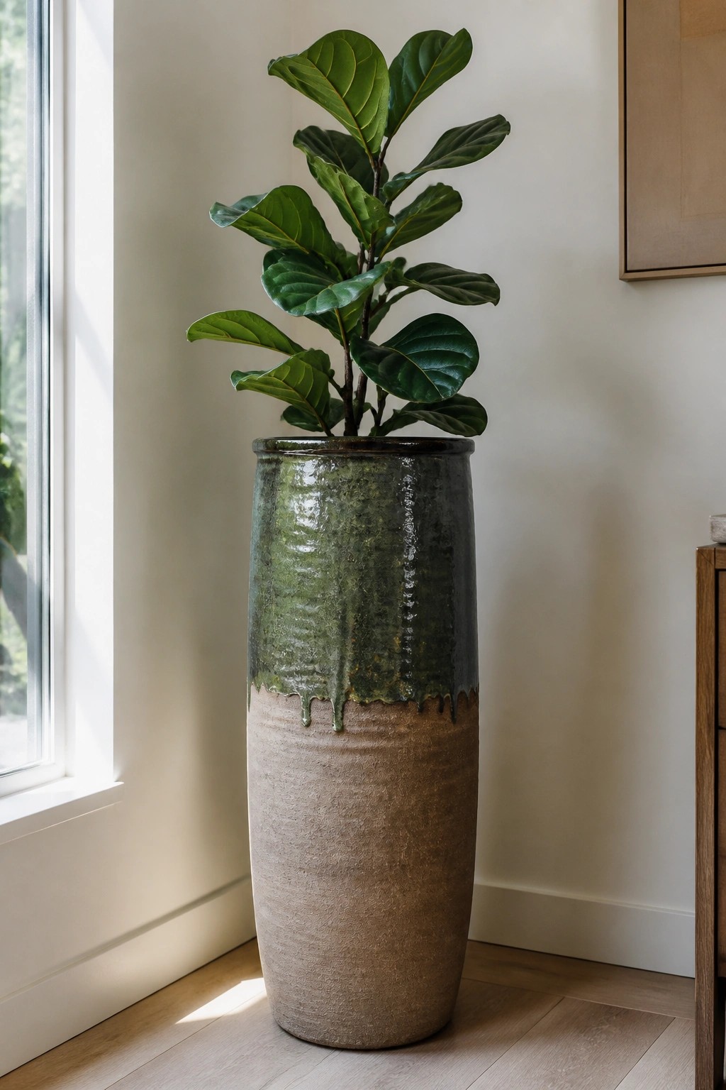 Tall fiddle-leaf fig in a green-glazed textured ceramic pot near a window