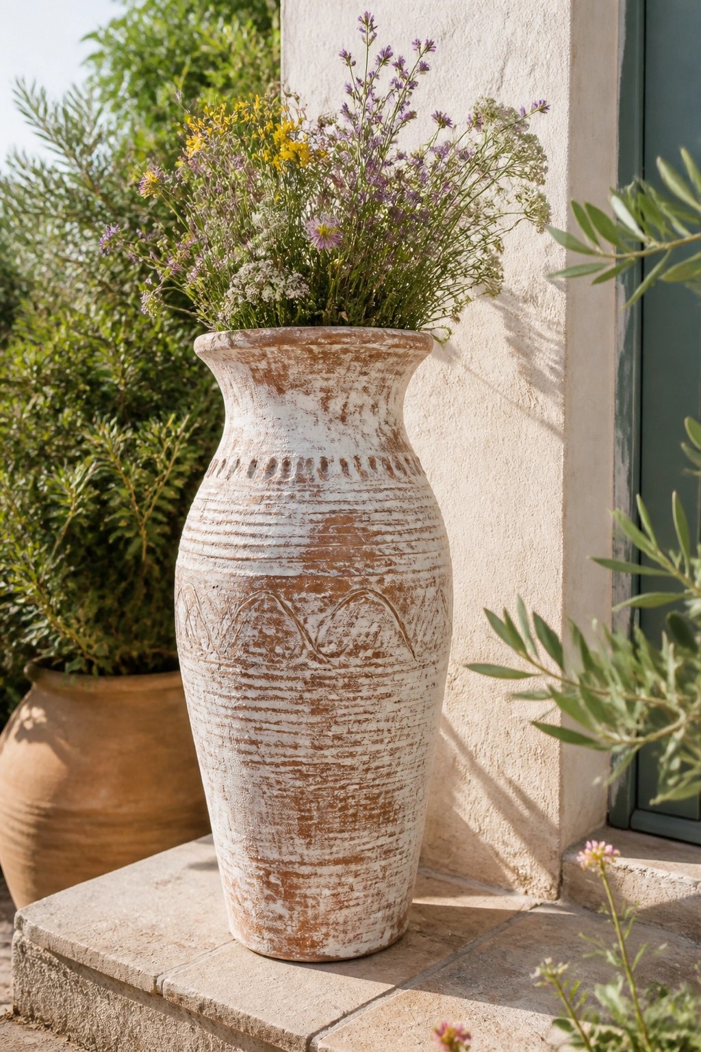 Weathered terracotta vase with wildflowers on stone steps by white wall