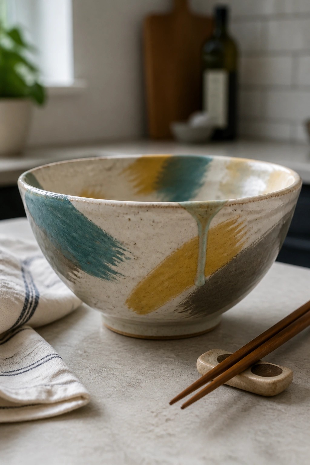 Colorful ceramic bowl with teal yellow gray glaze beside chopsticks and striped cloth