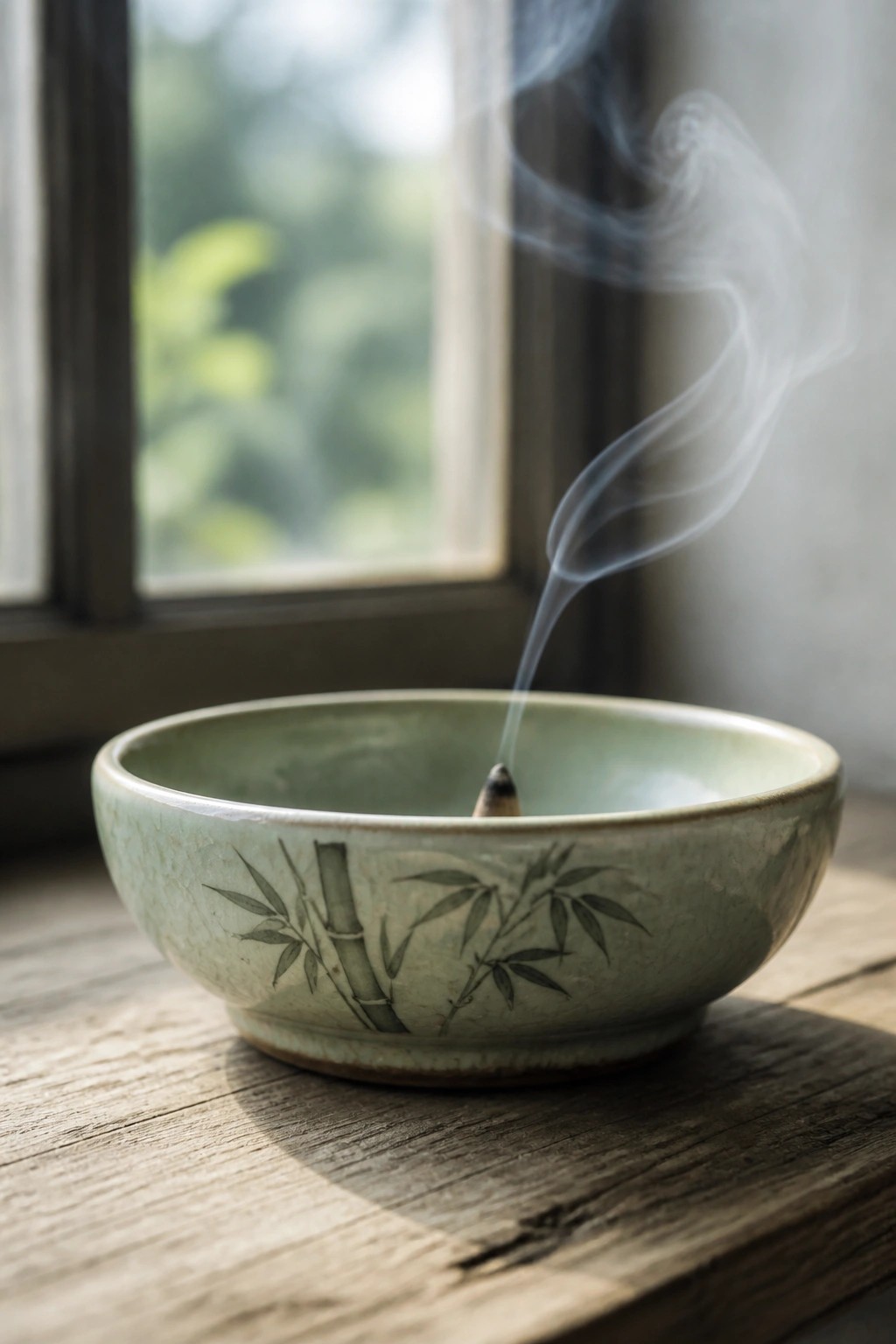 Smoke rises from burning incense in a green ceramic bowl with bamboo design on wood.