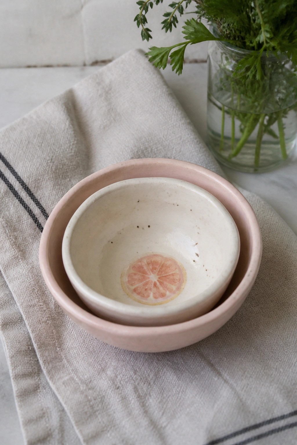 Nested pink and white bowls with grapefruit design on striped linen beside herb jar