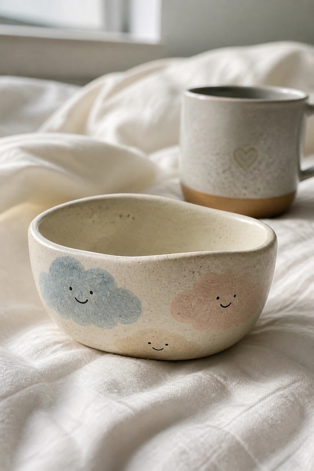 Speckled bowl with smiling cloud faces beside heart mug on white fabric