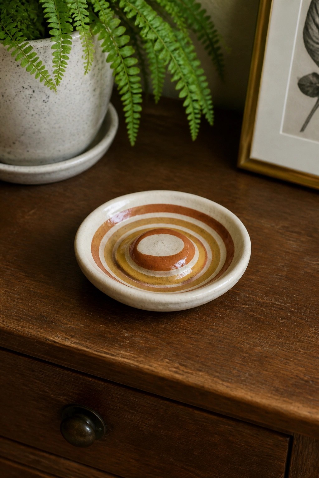 Ceramic bowl with concentric orange, yellow, and brown stripes on wooden table