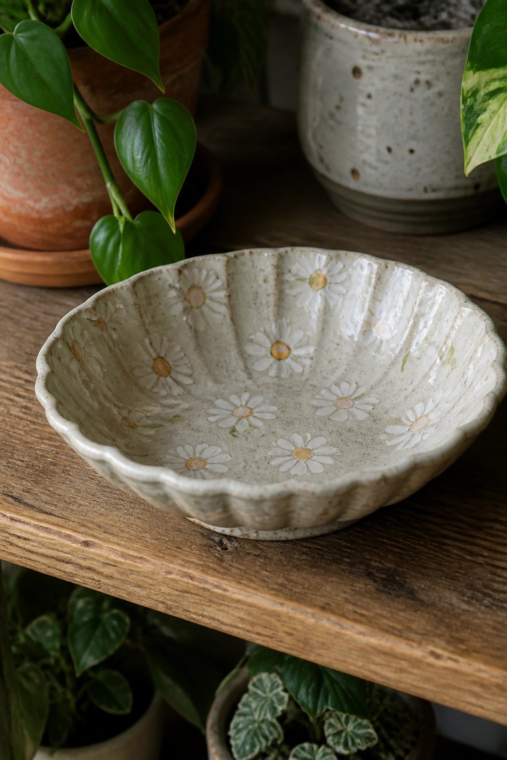 Ceramic daisy bowl on wooden shelf surrounded by green potted plants