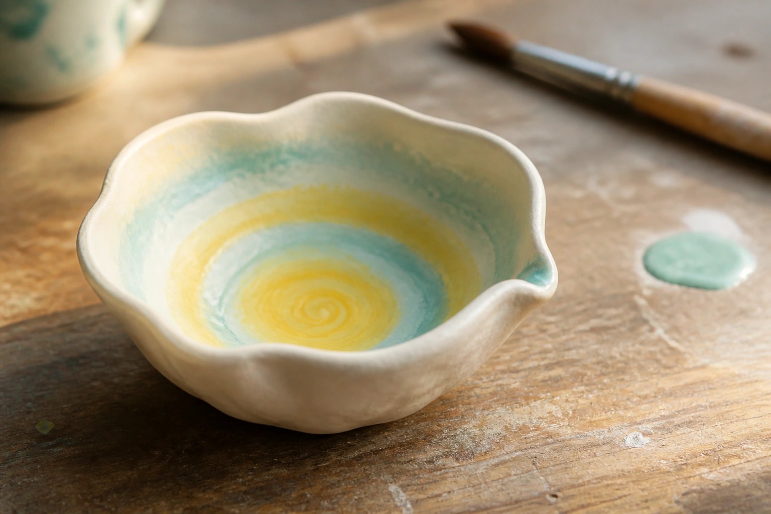 Small ceramic bowl with scalloped rim and blue-yellow glaze on wooden table